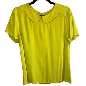 Chartreuse Peter Pan Collar Blouse Large Retro Cottagecore Short Sleeve Top